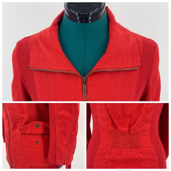 Orly Red Nylon with Ribbed Sides 3/4 Ruched Sleeves Zipper Front Jacket, 10 - Picture 4 of 16